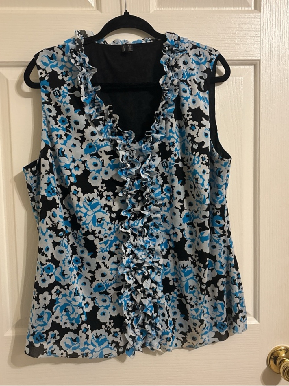 Madison Blue and Black Floral Ruffle-Front Sleeveless Top